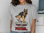 German Shepherd K9 on a grey t-shirt with "Sit Happens. I Prefer Patrol." text.