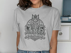 Gray t-shirt featuring a vintage-style Maine Coon cat illustration with mountains and trees.