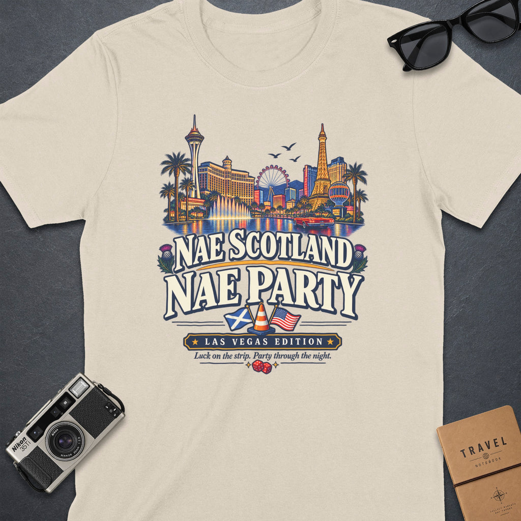 Cream t-shirt with "Nae Scotland Nae Party" Las Vegas design and dice.