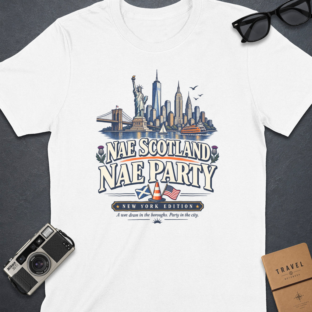 White t-shirt with New York City skyline and Scottish flag graphic.