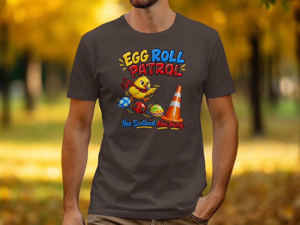 Chick wearing scarf, "Egg Roll Patrol," Easter eggs, traffic cone, and text.