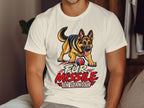 German Shepherd with ball and "FUR MISSILE ON STANDBY" text on a white t-shirt.