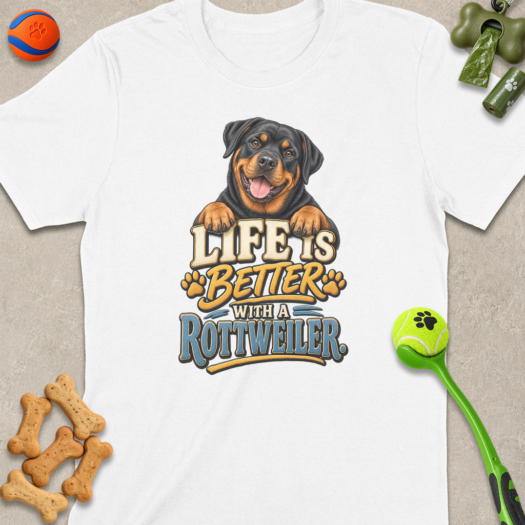 White t-shirt with Rottweiler graphic that says "Life is Better with a Rottweiler."