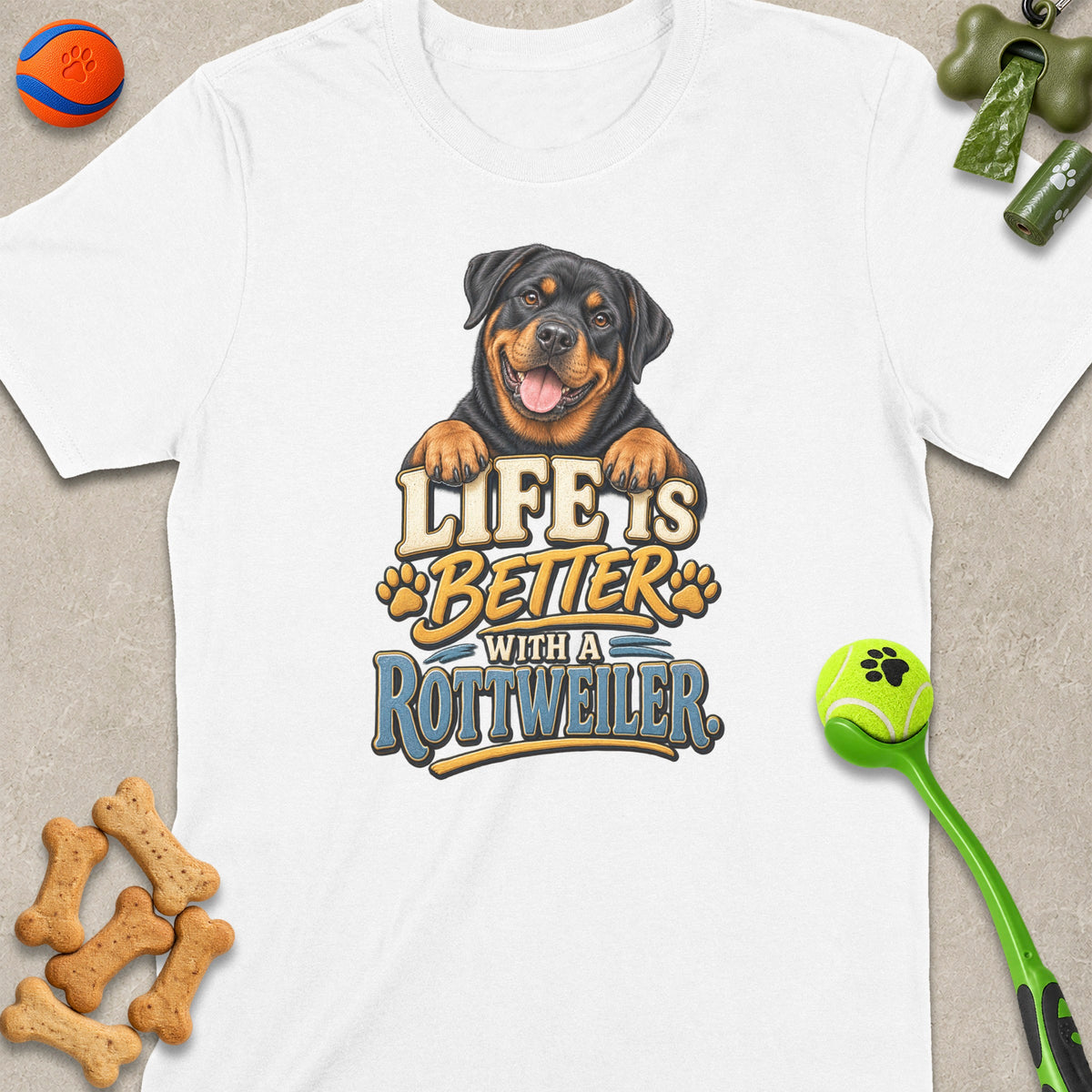 White t-shirt with Rottweiler graphic that says "Life is Better with a Rottweiler."