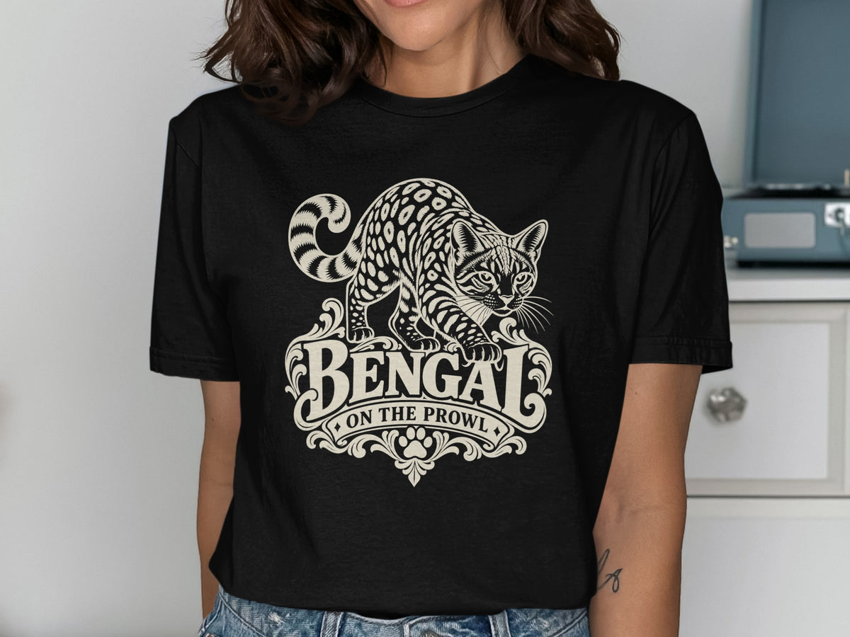 Black t-shirt with a stylized Bengal cat and the text "BENGAL ON THE PROWL".
