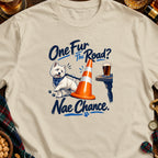 Westie dog next to traffic cone and beer mug with text "One Fur The Road? Nae Chance."