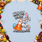 Bunny holding traffic cone with text "Hop It, Pal! Nae Scotland, Nae Party".