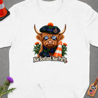 Highland cow wearing tartan hat, scarf, and sunglasses with "Nae Scotland, Nae Party" text.