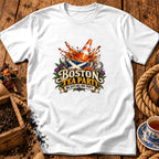 White t-shirt featuring a graphic with a traffic cone in a teacup and text reading Boston Tea Party Nae Scotland, Nae Party.