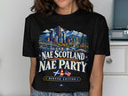 Black t-shirt graphic: Denver skyline, mountains, river, and text "Nae Scotland Nae Party".
