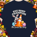 Cartoon bunny with traffic cone, Easter eggs, and text "Egg Hunt Champion".