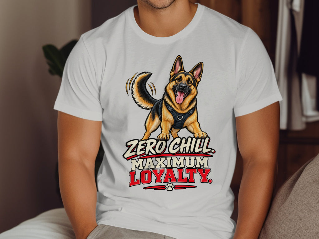 White t-shirt with a German Shepherd graphic and text "ZERO CHILL MAXIMUM LOYALTY".