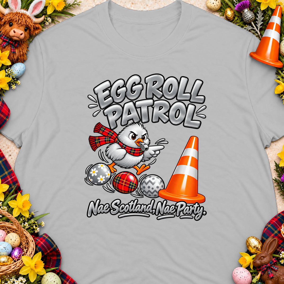 Egg Roll Patrol design with a chick, eggs, traffic cone, and text.