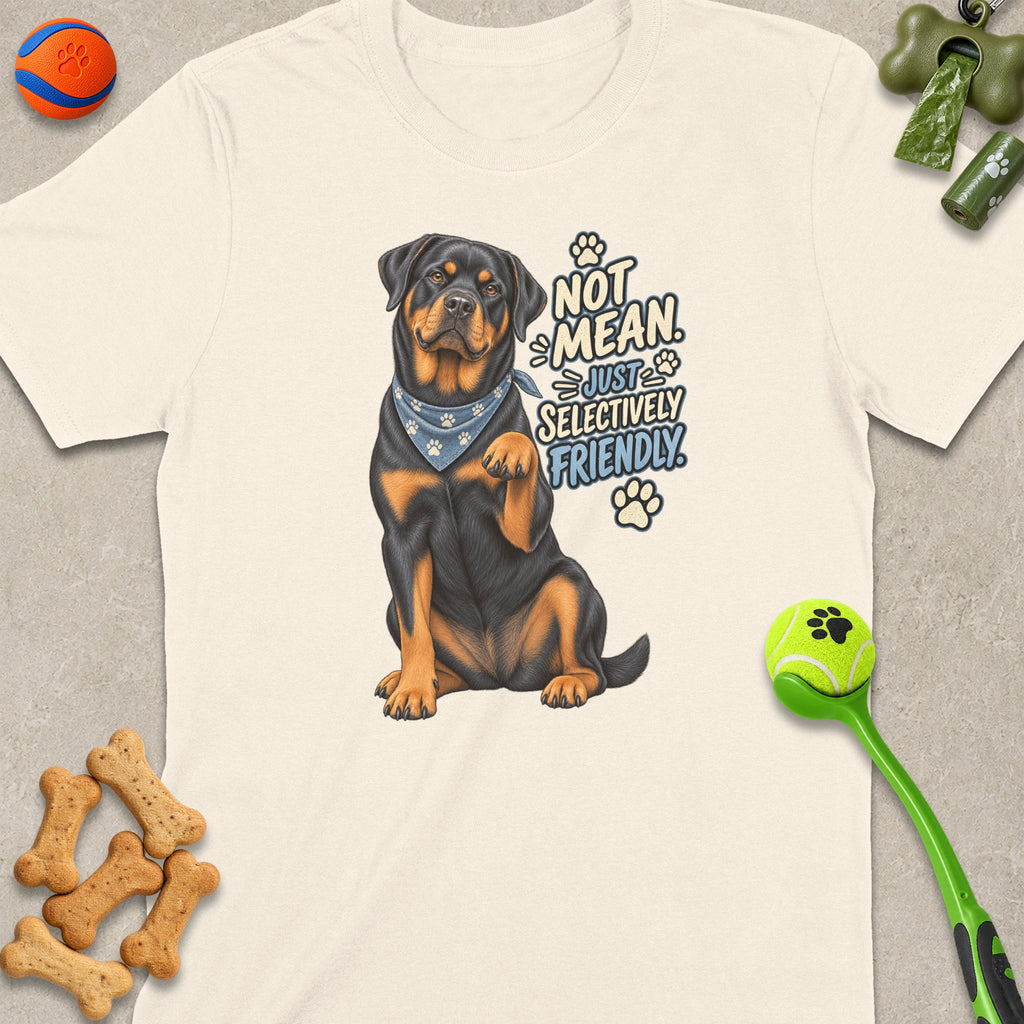 Rottweiler wearing bandana with text "NOT MEAN. JUST SELECTIVELY FRIENDLY."