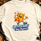 Cartoon beer holding traffic cone with text "One Fur the Road? Nae Chance".