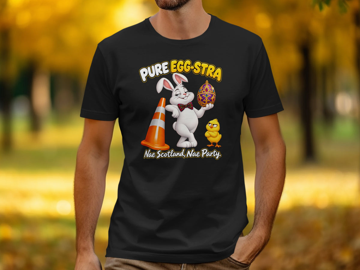 Black t-shirt with a white bunny holding an ornate egg and a chick, with text.