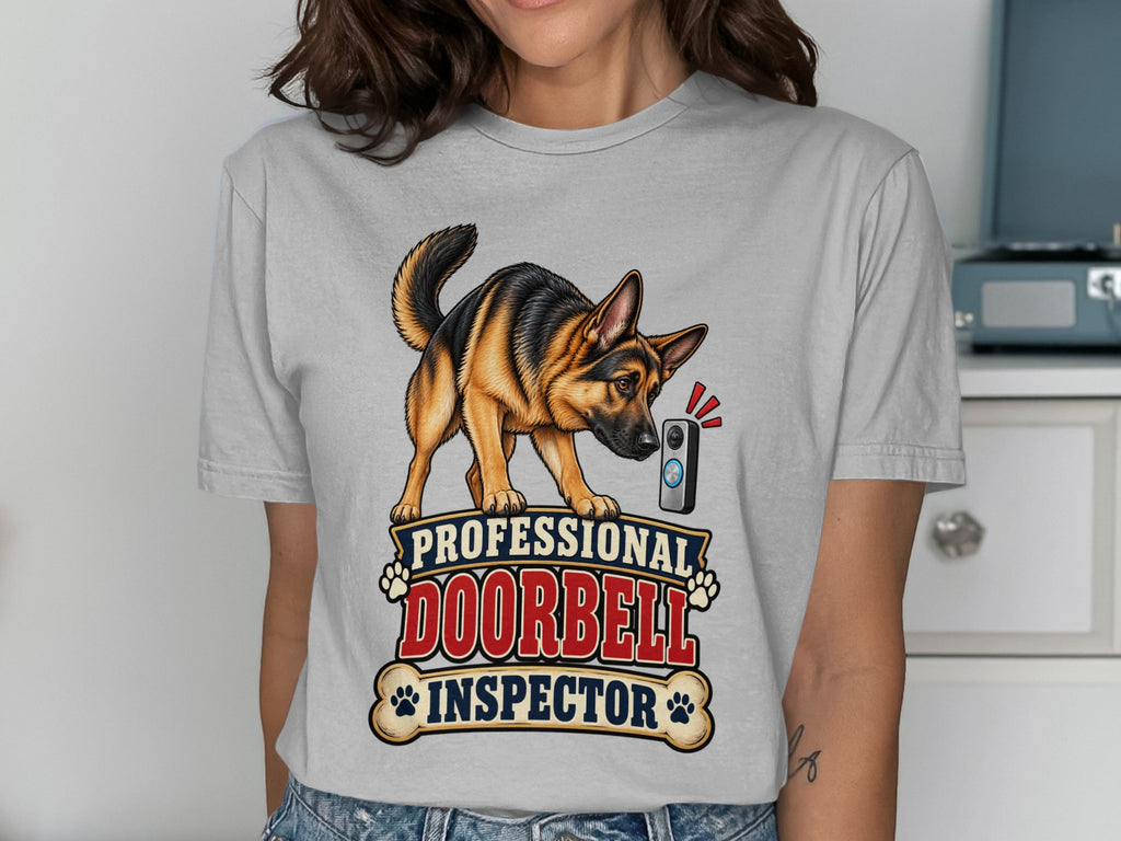 German Shepherd looking at doorbell with text "Professional Doorbell Inspector".