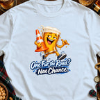 Cartoon beer glass holding traffic cone with text "One Fur the Road? Nae Chance."