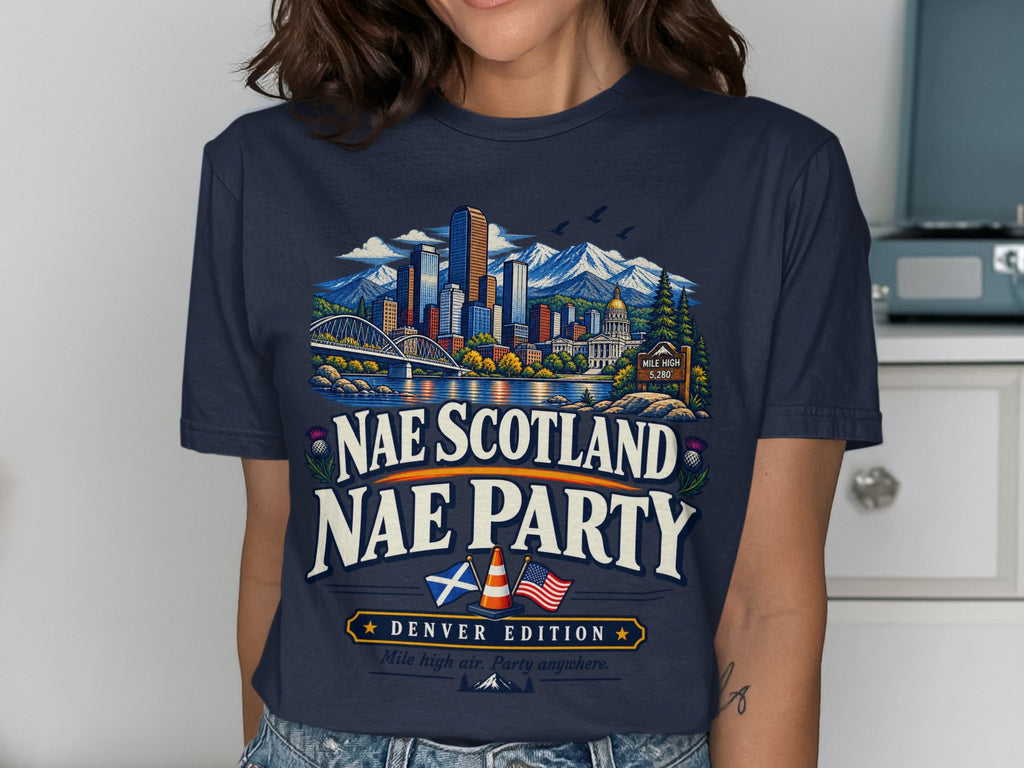 T-shirt with Denver skyline, mountains, and text "Nae Scotland Nae Party Denver Edition".