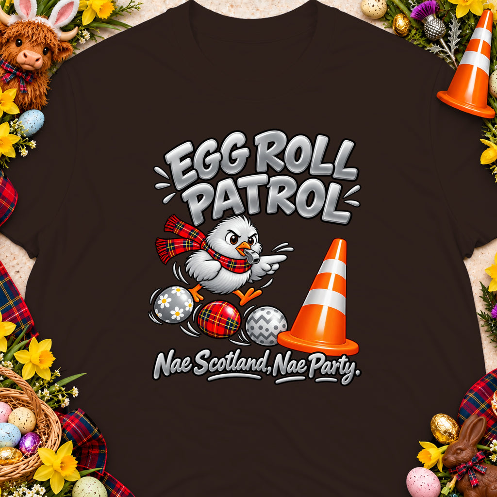 Illustration of a chicken with "Egg Roll Patrol" and "Nae Scotland, Nae Party" text.