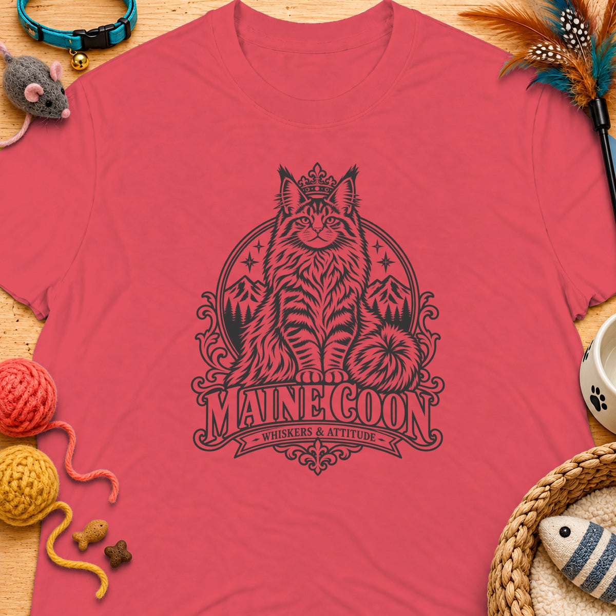 T-shirt with a Maine Coon cat crowned graphic, text "MAINE COON WHISKERS & ATTITUDE".