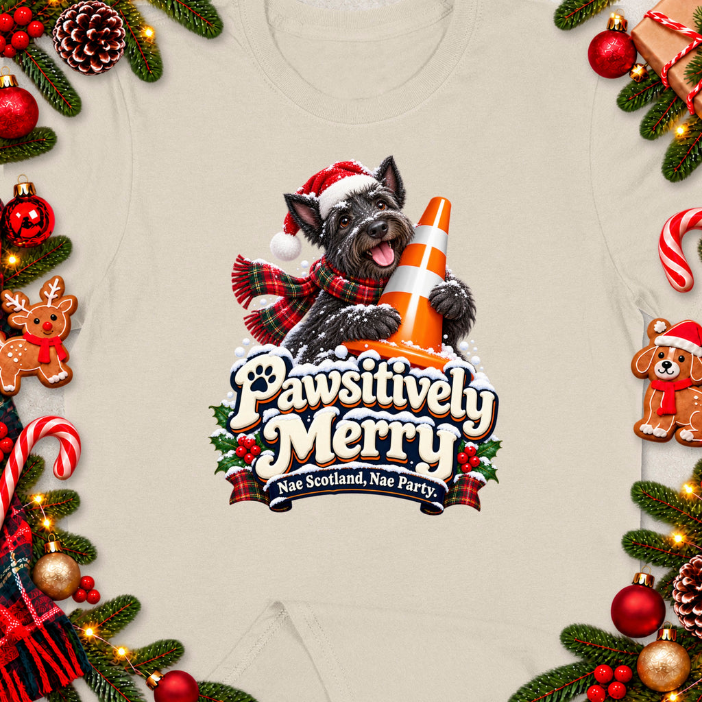 Scottish terrier in Santa hat with traffic cone and "Pawsitively Merry" text.