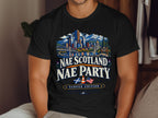 T-shirt graphic with Denver skyline, mountains, text "Nae Scotland Nae Party", and flags.