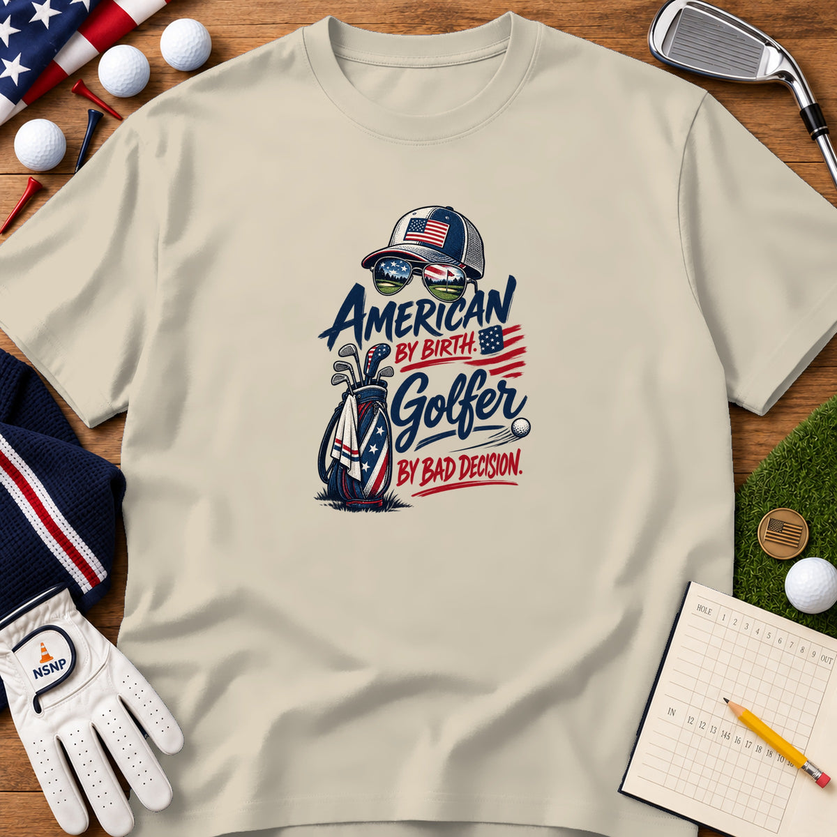 Beige t-shirt featuring a patriotic golf graphic with text reading American by birth golfer by bad decision.