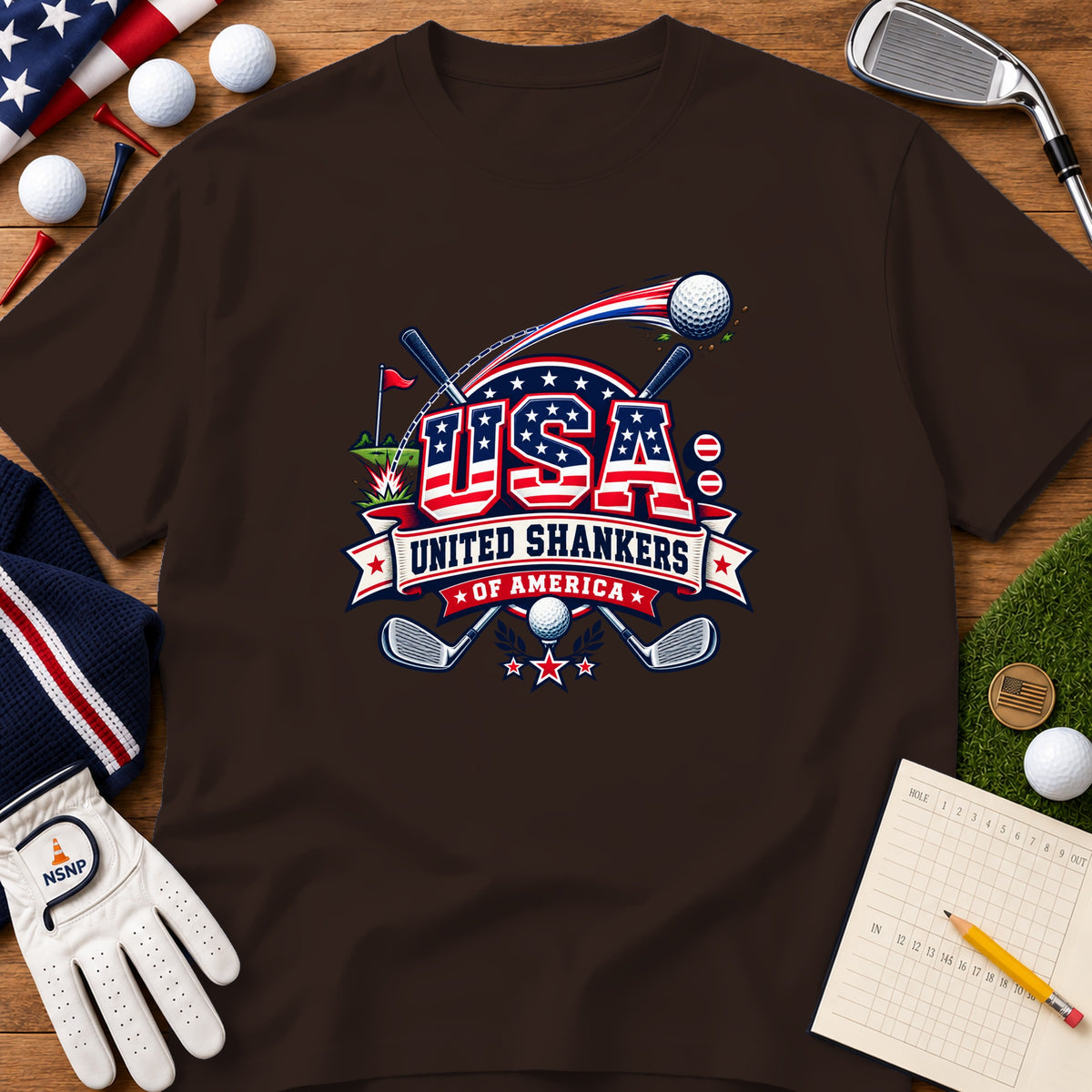 Brown t-shirt featuring a red, white, and blue USA golf graphic, surrounded by golf accessories.