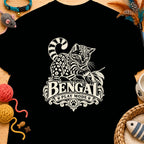 Bengal cat with "Play Mode" text on a black t-shirt with cat toys.