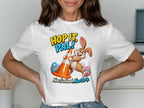 Bunny hugging traffic cone with eggs, text "Hop It, Pal!"