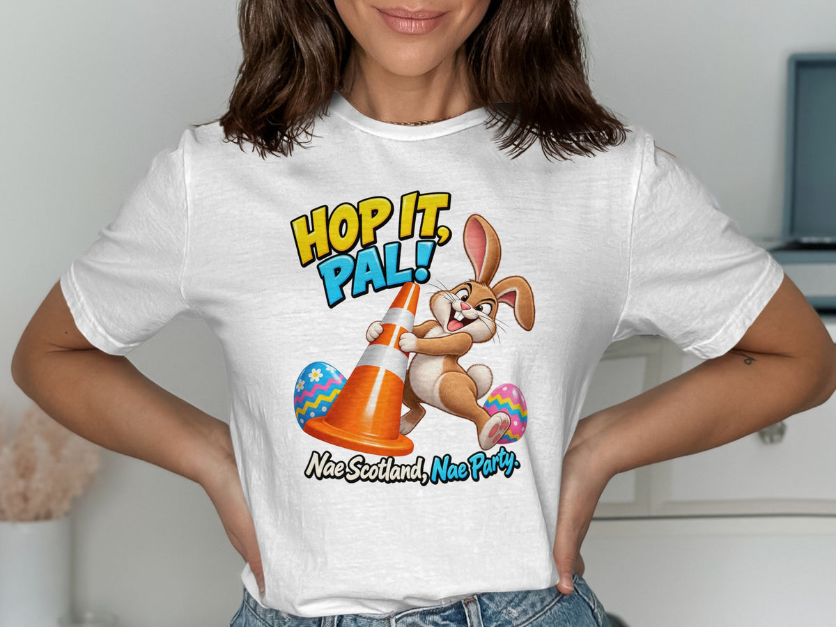 Bunny hugging traffic cone with eggs, text "Hop It, Pal!"