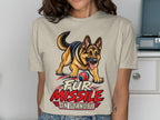 German Shepherd with ball on t-shirt reading "Fur Missile On Standby"