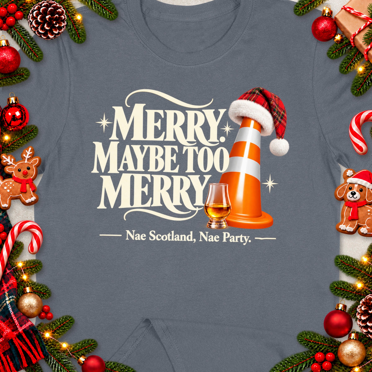Shirt with text "Merry Maybe Too Merry" and a traffic cone wearing a Santa hat.