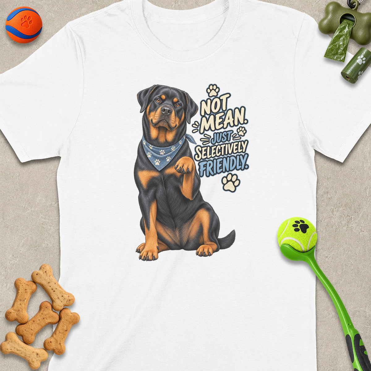 White t-shirt with a Rottweiler illustration and the text "Not mean. Just selectively friendly."