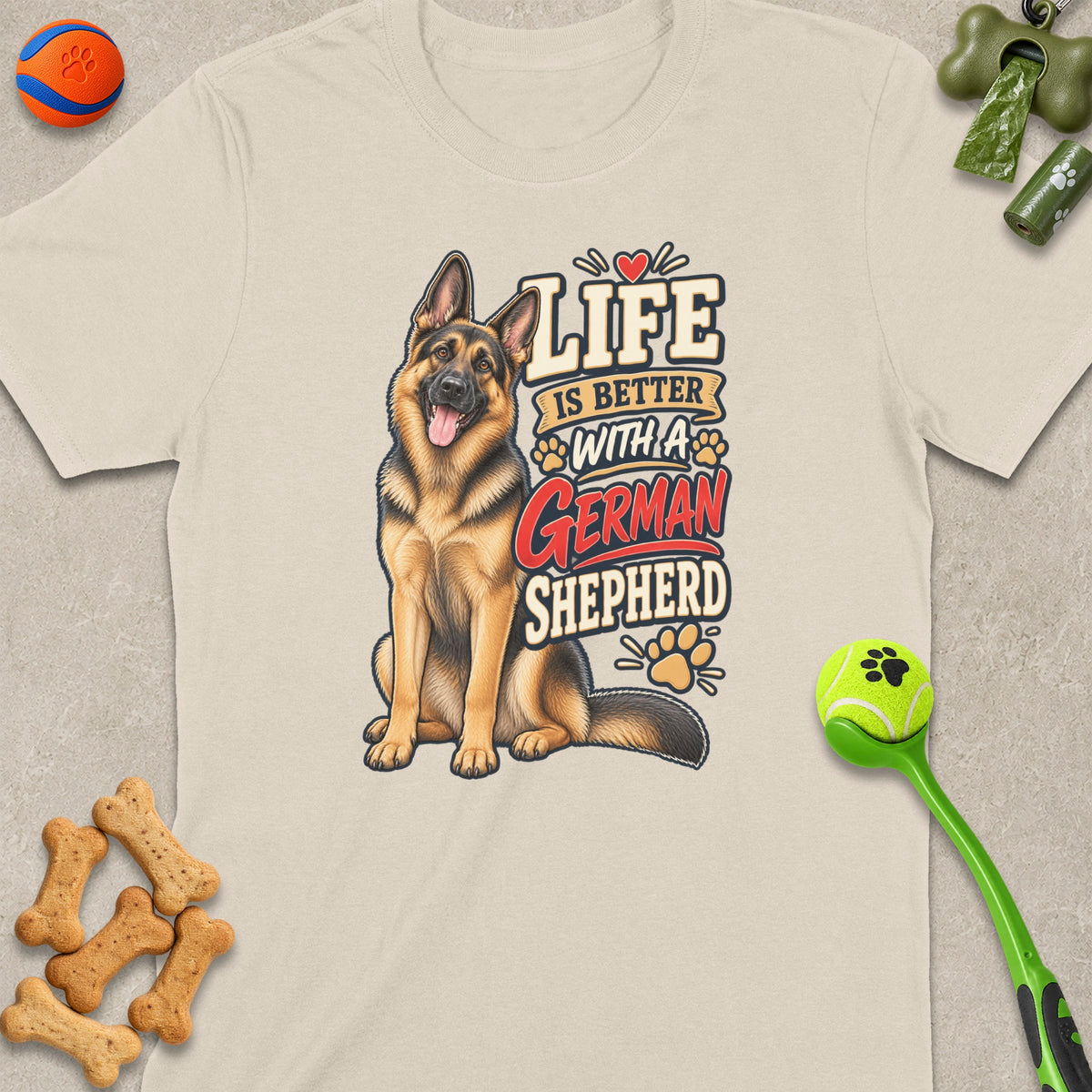 T-shirt with German Shepherd illustration and text "Life is better with a German Shepherd".