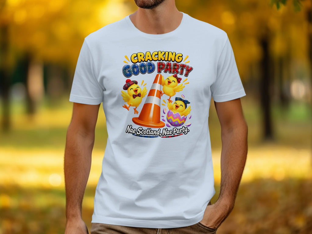 White t-shirt with chicks, traffic cone, and text "Cracking Good Party Nae Scotland, Nae Party".