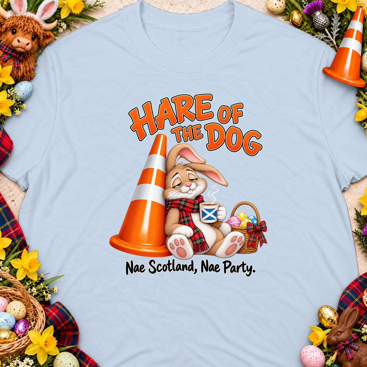 Cartoon rabbit leaning on traffic cone with coffee, text says "Hare of the Dog."