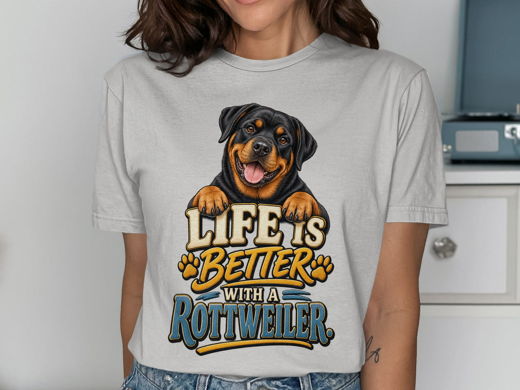 Rottweiler illustration with "Life is Better with a Rottweiler" text.