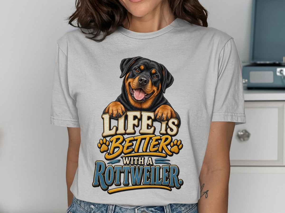 Rottweiler illustration with "Life is Better with a Rottweiler" text.