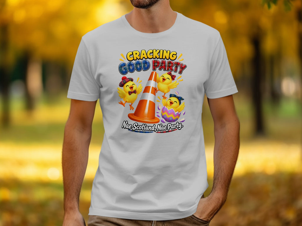 White t-shirt with cartoon chicks celebrating a "Cracking Good Party."