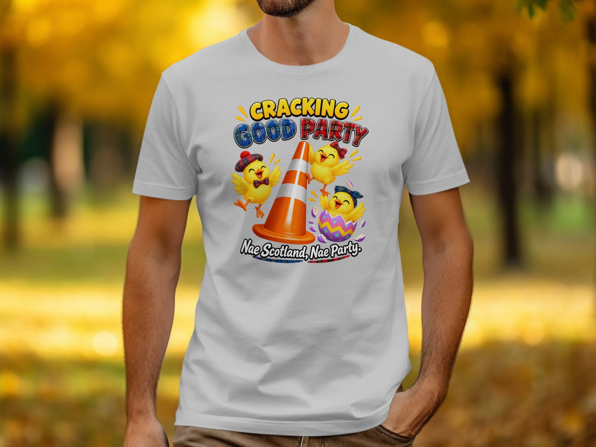 White t-shirt with cartoon chicks celebrating a "Cracking Good Party."