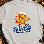 Cartoon beer glass holding traffic cone, with text "One Fur the Road? Nae Chance."