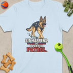 Light blue t-shirt with a K9 German Shepherd graphic and text "Sit Happens. I Prefer Patrol."