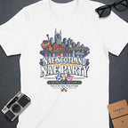 White t-shirt with Nashville skyline, "Nae Scotland Nae Party" text, and musical elements.