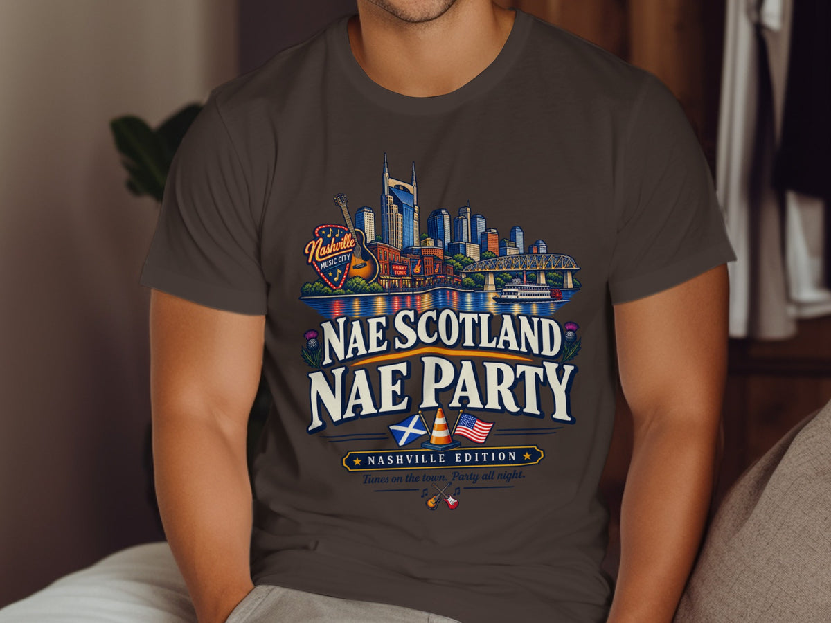 Nashville Music City skyline graphic with "Nae Scotland Nae Party" text.