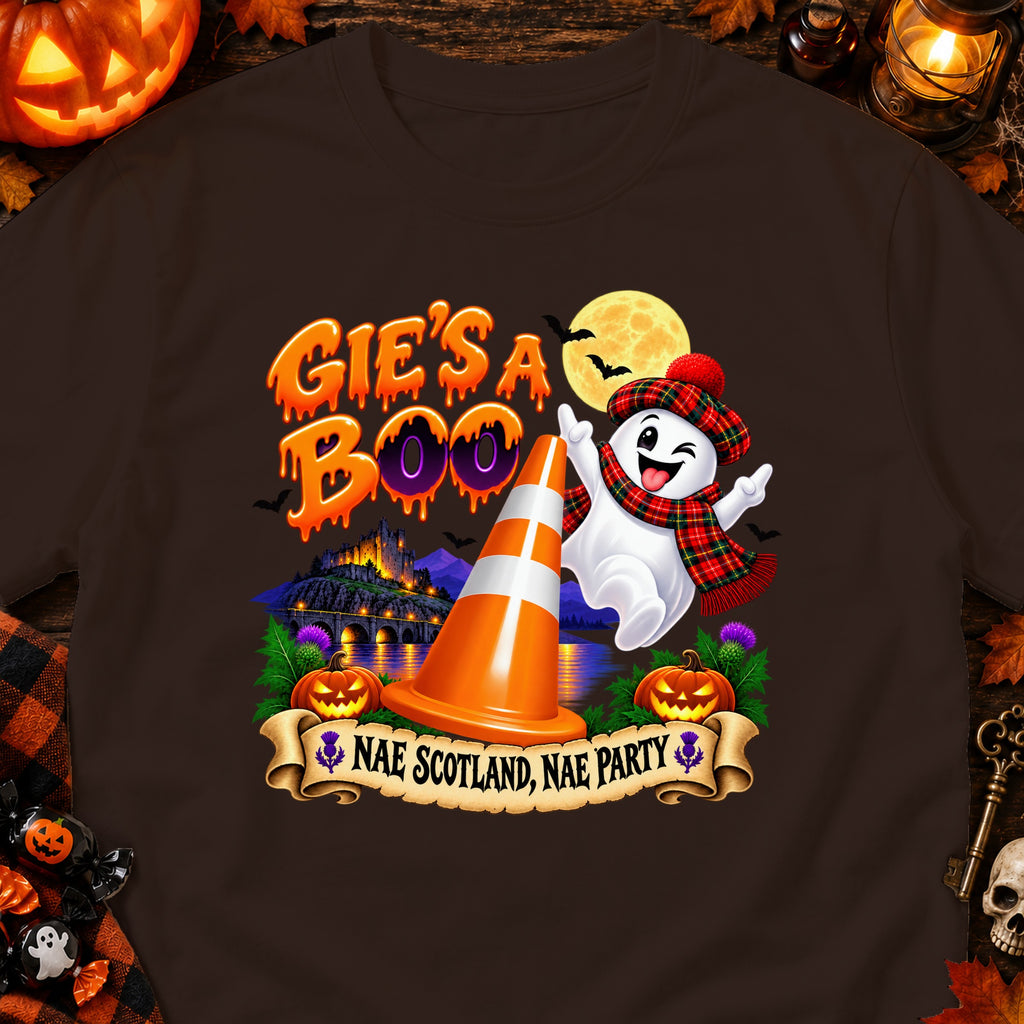 Ghost in kilt with traffic cone, castle, pumpkins, thistles, and text "Nae Scotland, Nae Party".