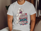 White t-shirt with a white poodle and text that reads "MY POODLE RUNS THIS HOUSE".