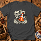 Charcoal gray crewneck t-shirt featuring a Boston Tea Party graphic with a traffic cone and Scottish flag.