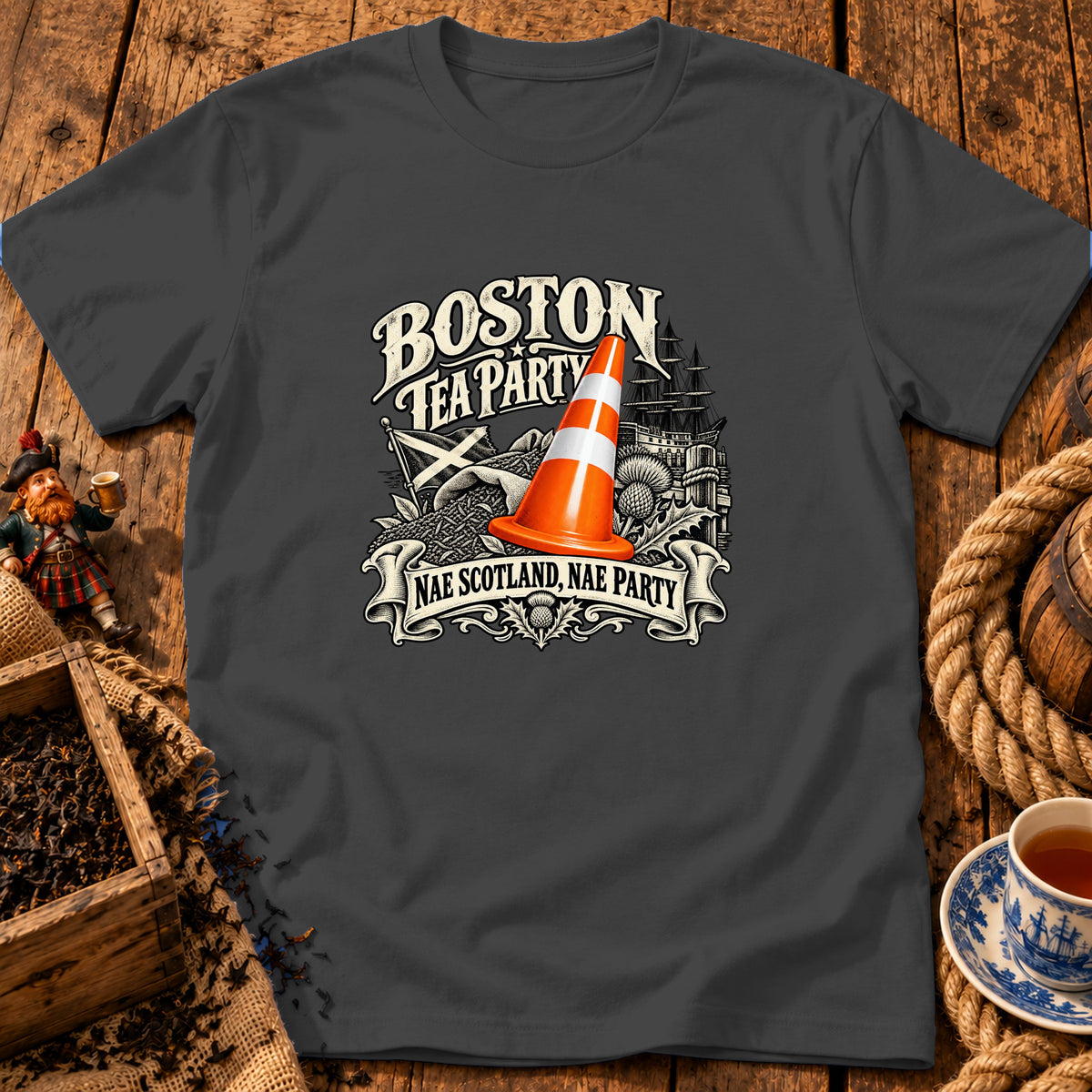 Charcoal gray crewneck t-shirt featuring a Boston Tea Party graphic with a traffic cone and Scottish flag.